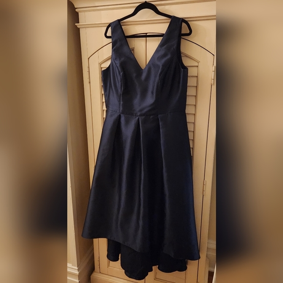 Alfred Sung Navy Blue High Low Satin Gown, Size 14 - Picture 4 of 7